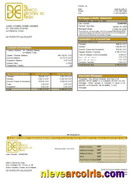 Cuba Banco Central de Cuba bank mortgage statement